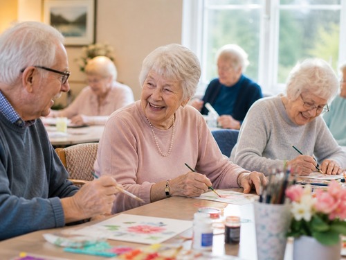 Adult daughter reviewing long-term care insurance paperwork with an older parent at a table