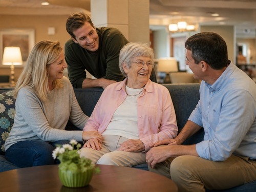 Caregiver walking in a senior living memory care hallway