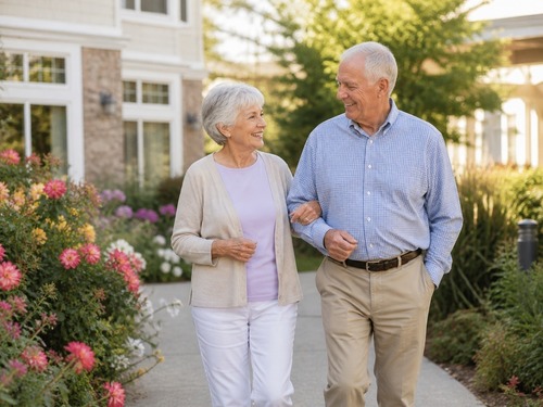 Exterior view of a modern senior living community building