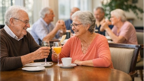 Senior living community buildings and walking paths in a wooded campus setting