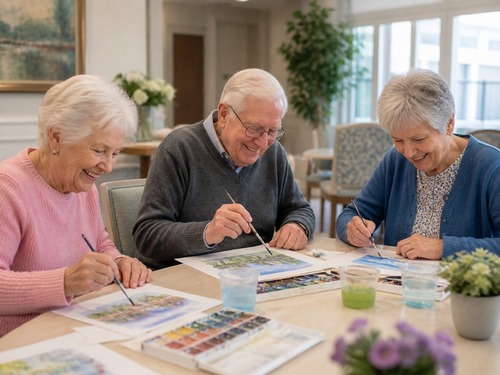 Adult daughter and older parent looking at senior care information together on a laptop