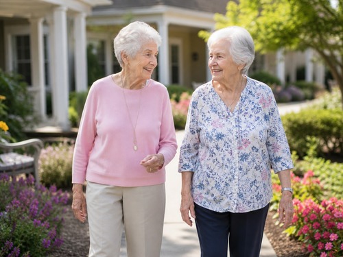 Family member speaking with a senior living staff member in a community common area
